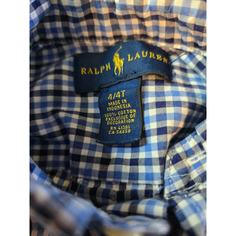 Kids Ralph Lauren‎ Blue Gingham Check Button Down Shirt Sz 4T Long Sleeve Cotton